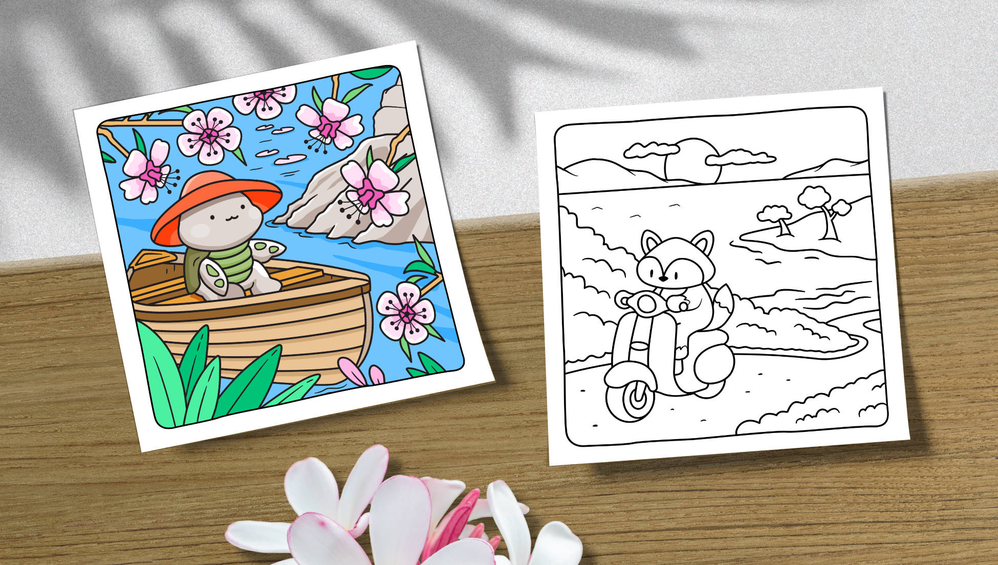 Cute Summer turtle & fox coloring pages